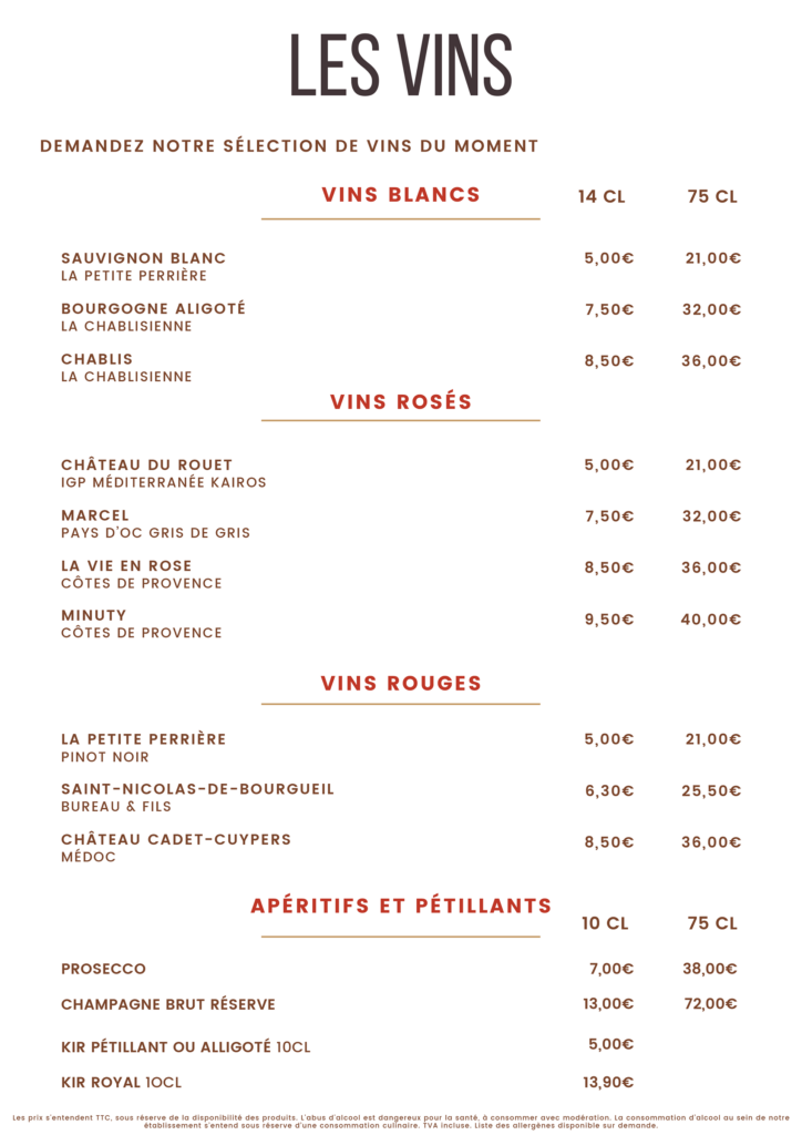 Carte menu restaurant Fontainebleau