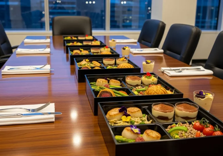 Plateaux-repas gastronomiques disposés sur une grande table de réunion dans un bureau d’entreprise